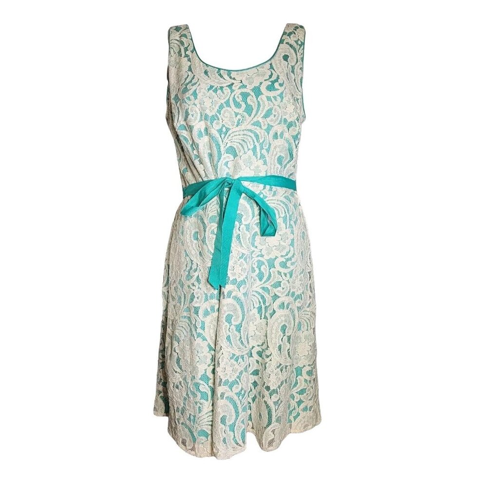 STUDIO ONE Aqua‎ Green Sleeveless White Lace Overlay Dress Womens Size 16